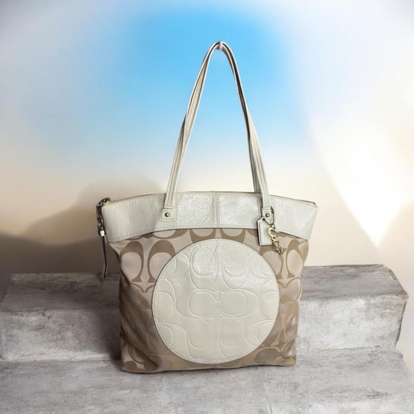 Coach Handbags - 2011 Coach Laura Tan and Cream Signature Circle Tote Bag. EUC.